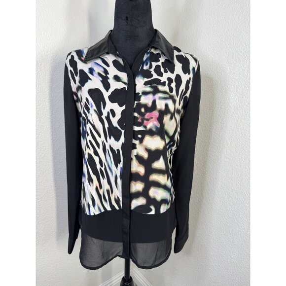 Guess Womens Long Sleeve Animal Print Blouse With Faux Leather Collar Size M Mad - Picture 1 of 7